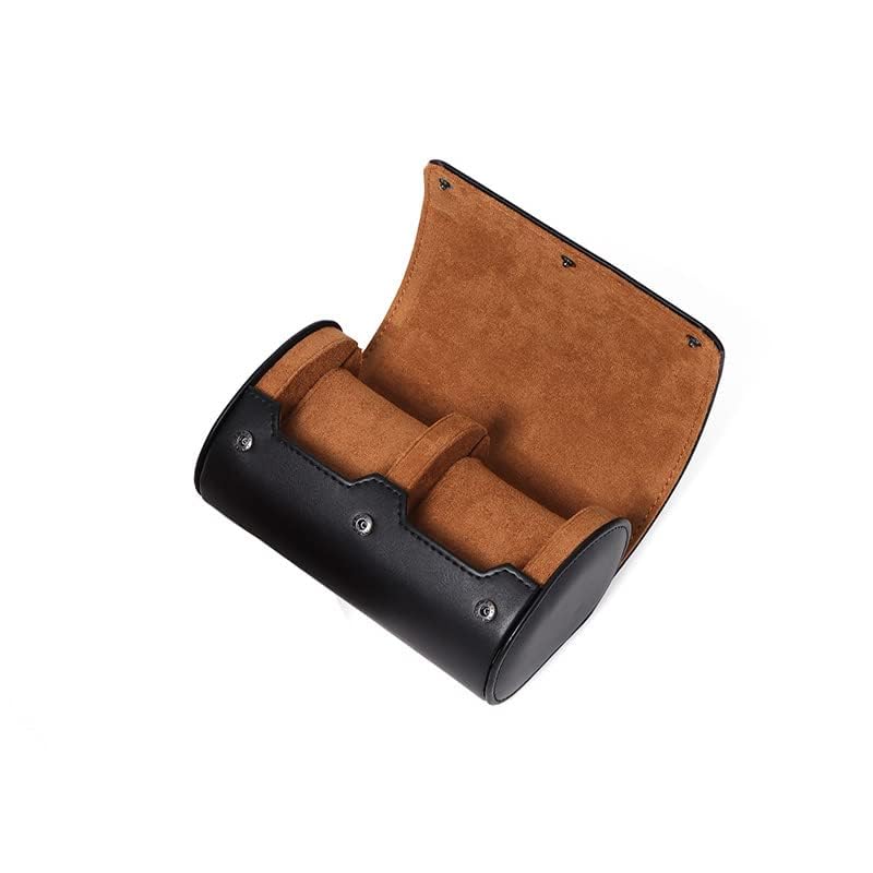 2 Watch Travel Case for Men - Double Roll Gift Accessory With Plush Velvet/Suede Interior, Leather Holder (Black) - color: BLACK