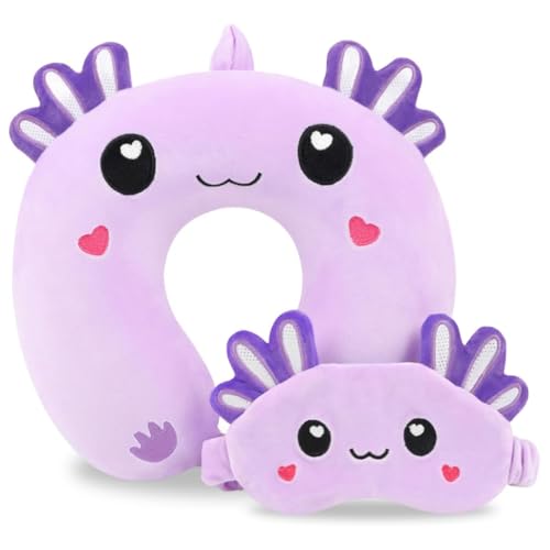 Travel Pillow, Kids Travel Pillow with Sleep Eye Mask Soft Memory Foam Kids Neck Pillow for Boys & Girls, Travel Accessories for Car Airplane Traveling - Purple Axolotl - color: Purple Axolotl