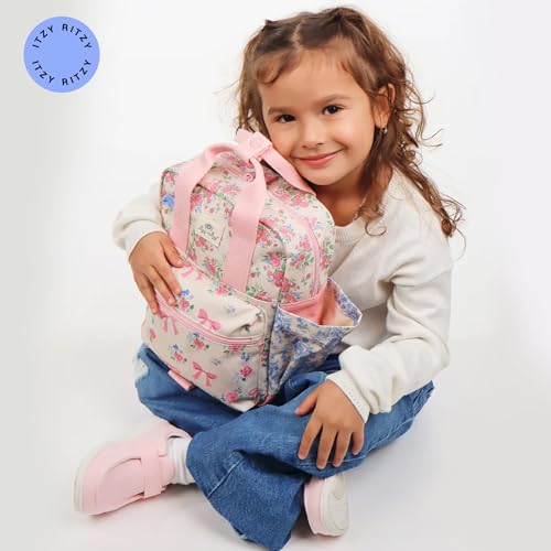 Itzy Ritzy Toddler Backpack - Daycare Bag - Features Adjustable Shoulder Straps, 2 Side Pockets & Spacious Interior with Wipeable Fabric Lining & Name Label, Ribbons & Roses Backpack - color: Ribbons