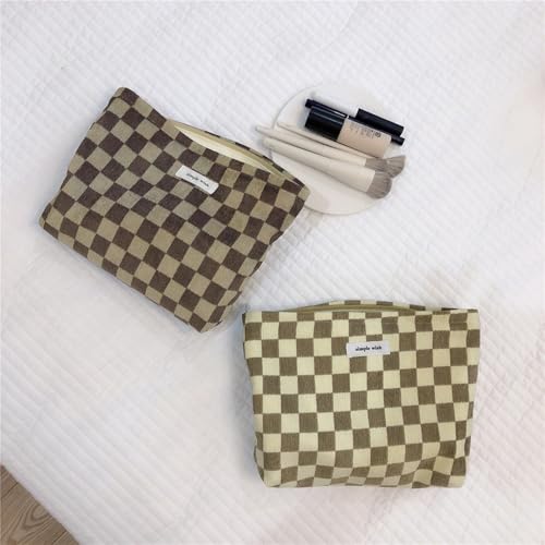 Wudygirl Travel Cosmetic Bag Checkered Makeup Bag Canvas Makeup Pouch for Women Toiletry Pouch Large Capacity Make up Organizer with Zipper Aesthetic (Brownish Checkered) - color: Brownish Checkered