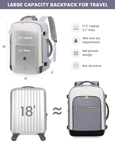 LOVEVOOK Large Travel Backpack for Women, TSA Carry on Backpack for Airplanes, 40L Personal Item Travel Bag for Women fits 17" Laptop,Waterproof Carry on Bag Airplane Approved with 3 Packing Cubes - color: Grey - Beige - Black, size: 40L-4Pcs