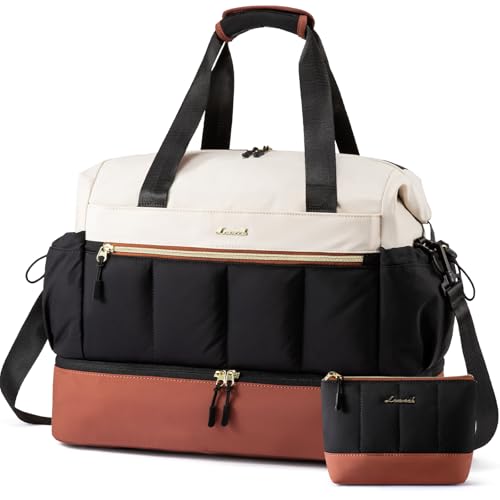 LOVEVOOK Travel Duffel Bag, Weekender Bags for Women, Large Overnight Bags with Shoe Compartment, 47L Carry on Gym Hospital Bag with Wet Pocket, 2 Pcs - color: Beige-Black-Brown, size: Extra Large-2 Pcs