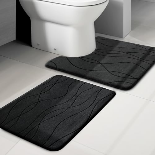YIHOUSE Memory Foam Bathroom Rug Sets, Black, 2 Piece-U Shape & Small Mat | Ultra Soft, Absorbent, Non-Slip, Machine Washable - color: Black, size: 1'5" x 2'