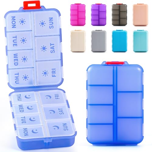 NEW Foldable & Double Protection Portable Weekly Pill Organizer 2 Times A Day with Etched Labels, AM PM 7 Day Week Medicine Box, Daily Travel Pill Case Dispenser for Vitamin, Supplement - Clear Blue - color: Clear Blue, size: AM & PM