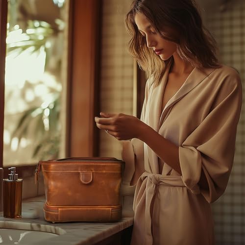 LEATHER VILLAGE Genuine Leather Dopp Kit – Large Travel Toiletry Bag with Waterproof Lining, Dual-Zip Design for Men & Women, Organizer for Shaving, Makeup & Essentials - Tan - color: Sun Tan