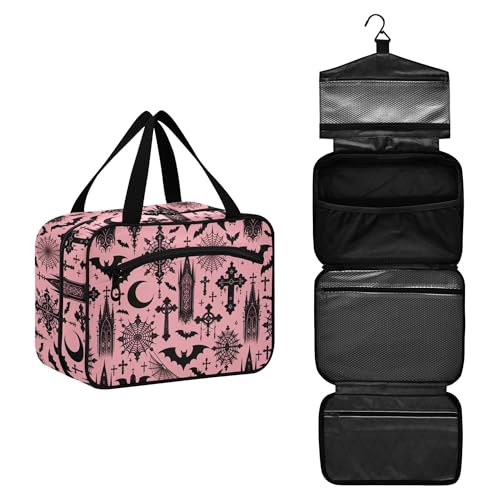 MNSRUU Hanging Toiletry Bags for Women Travel, Black Gothic Moon Spider Webs and Bats Toiletry Organizer Portable Travel Clear Wash Makeup Cosmetic Bag - color: Bats I8897