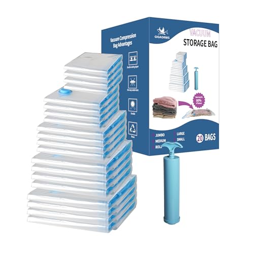 20 Pack Space Saver Vacuum Storage Bags Everyday Set | Vacuum Sealed Compression Bags with Hand Pump, Space Saving for Clothing, Travel, Bedding, Blankets, Comforters, Pillows - size: 20-Pack-H