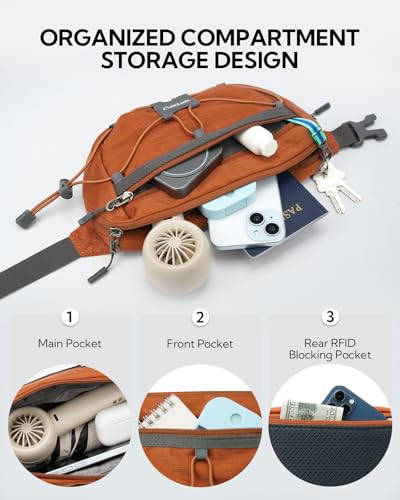 WATERFLY Lightweight Small Fanny Pack: 1.5L Mini Slim Crossbody Waist Belt Hip Bag with RFID Blocking, Anti-Theft & Water Resistant Pouch for Women Men Travel Hiking Running Walking EDC - color: Brown