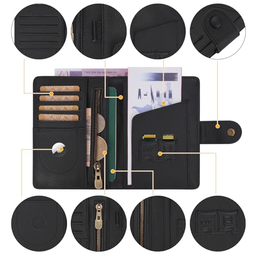 WASON Leather Passport Cover Wallet - Travel Passport Holder with RFID, Card Slots, Cash Pocket, Coin Purse, Tracker Slot, Boarding Pass and Ticket Organizer for Men and Women (Black) - color: Black