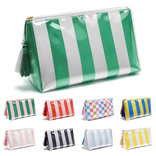 PVC Striped Makeup Bag, Cosmetic Bags for Women Girls, Waterproof Toiletry Bag for Women Travel Makeup Bag for Purse Organizer Zipper Pouch Beach Summer Vacation Essentials Gifts for Women - color: Green+White Striped, size: Small(9.84in*4.33in*5.91in)
