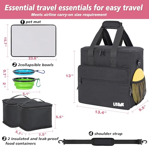 Dog Travel Bag, Large Pet Travel Set with Multi-Function Pockets, 2 Food Storage Containers, 2 Collapsible Bowls, 1 Feeding Mat for Pet Supplies, Road Trip Essentials, Weekend Camping (Black) - color: Obsidian Black