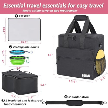Dog Travel Bag, Large Pet Travel Set with Multi-Function Pockets, 2 Food Storage Containers, 2 Collapsible Bowls, 1 Feeding Mat for Pet Supplies, Road Trip Essentials, Weekend Camping (Black) - color: Obsidian Black
