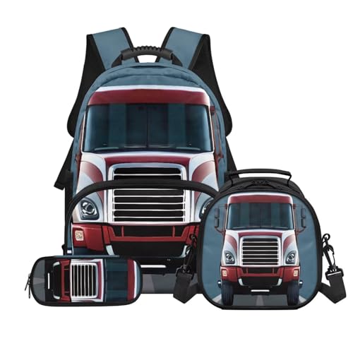 3 Pcs School Backpack for Kids Girls,Red Truck Bookbag Elementary School Daypack with Insulated Lunch Box Pen Case Set,for Teen Children Students,Back to School Supplies - color: Red Truck