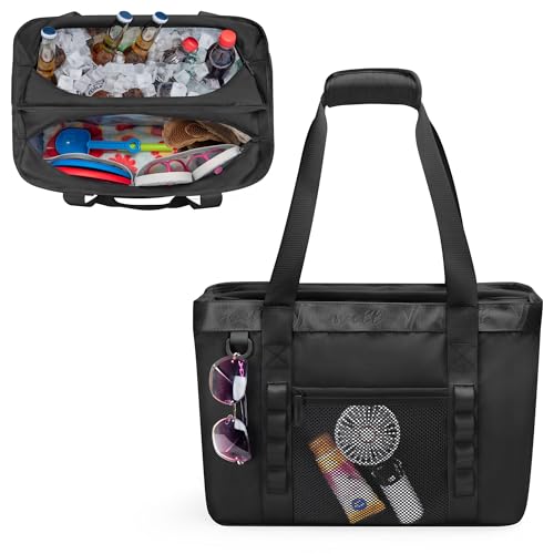 Yarwo Beach Bag for Women, Sandproof Swim Tote Bag with Cooler Compartment and Wet & Dry Pockets for Pool Cruise Vacation - color: Black