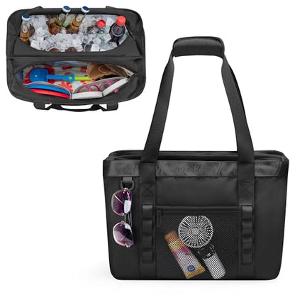 Yarwo Beach Bag for Women, Sandproof Swim Tote Bag with Cooler Compartment and Wet & Dry Pockets for Pool Cruise Vacation - color: Black