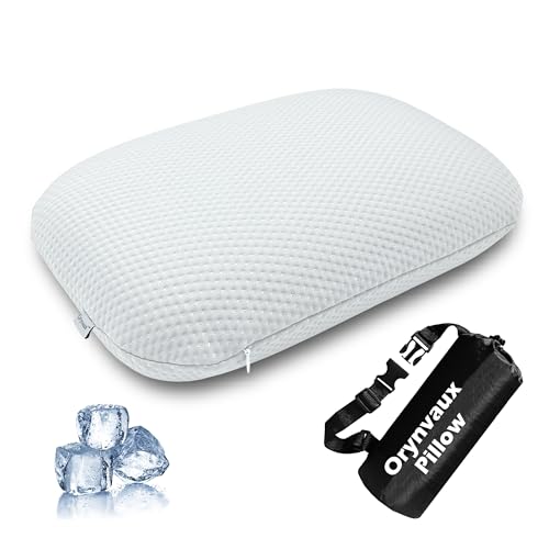 Cooling Camping Pillow, Memory Foam Travel Pillow with Adjustable Buckle Strap & Storage Bag, Compact Small Pillow for Airplane, Car Lumbar, Office, Washable Cooling Cover, Frost White - color: Frost White, size: S-14.9*10.2*3.6in