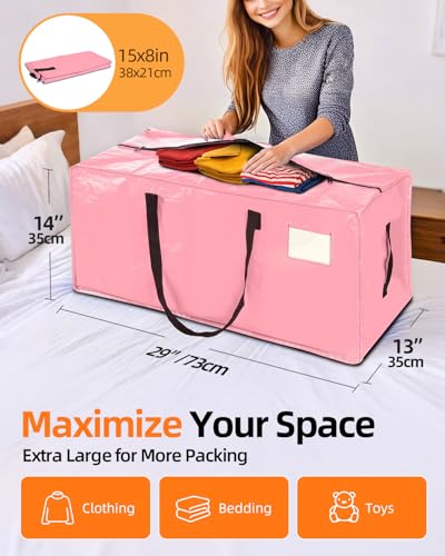 6 Pack Extra Large Moving Bags, Heavy Duty Packing Bags with Zippers and Handles for Space Saving, Clothes Storage, College Essentials, Travel, Pink