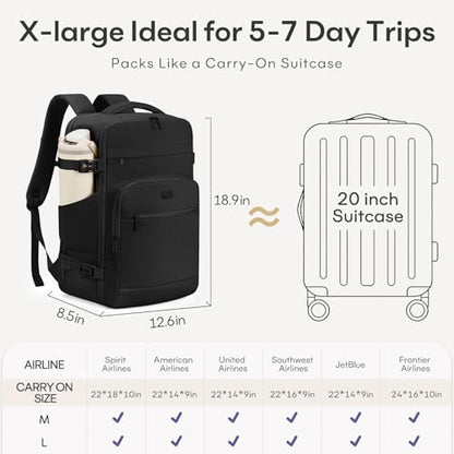 mibasies 40L Travel Backpack for Women & Men: Flight Approved Carry On Backpack, TSA Personal Item Bag with Water Bottle Pocket, Weekender Essentials Backpacks fits 17" Laptop - Black - color: Black, size: X-Large