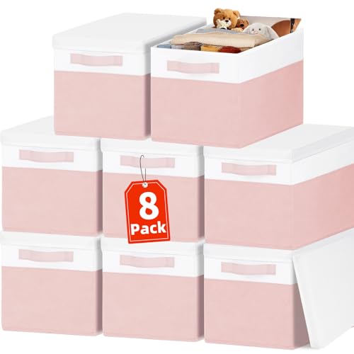 Large Closet Organizer Bins with Lids 8 Pack - Pink Storage Baskets for Shelves Nursery Bedroom Dorm RV - Stackable Decorative Closet Organization Box with Handles for Clothes Purse Blanket Towel - color: White with Pink, size: 8pcs-Large