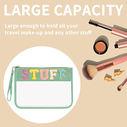Iqimott Chenille Letter Clear Bag Stuff Pouch, Monogram PVC & PU Makeup Cosmetic Bag Zipper Toiletry Pouch, Waterproof Portable Travel Beach Snack Wristlet Bags for Women Girls(Stuff, Green) - color: Stuff-Green
