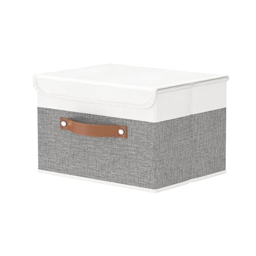 OUTBROS Storage Boxes, Collapsible Storage Bins with Lids, Cotton and linen cloth Storage Baskets with Handle, for Books, Closet, Bedroom, Home, 10.2x7.9x6.7 in, White/Grey - color: White/Grey, size: 10.2x7.9x6.7in(1-pack)