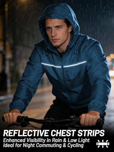 SWISSWELL Mens Rain Jacket & Coats Packable Lightweight Waterproof Windbreaker Hooded for Golf Cycling Hiking - color: Lake Blue+packable, size: Medium