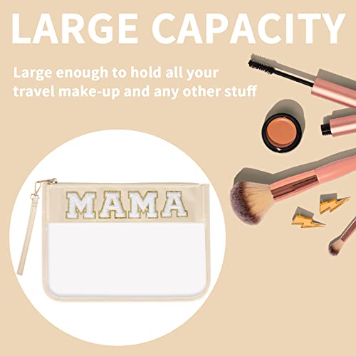 Iqimott Chenille Clear Letter Mama Bag Flat Pouch, Monogram Glitter Letter Patch Makeup Cosmetic Bag Zipper Toiletry Pouch, Portable Travel Beach Snack Wristlet Bags for Women Girls(Mama, Beige) - color: Mama-Beige