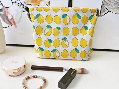 HAPPYHEIDI Canvas Makeup Bag, Cosmetic Travel Pouch, Cute Lemon, Cotton Blend, Fruit Pattern, Zipper Closure, 7.1x2.4x7 Inches - color: GR-Canvas-Cute Lemon