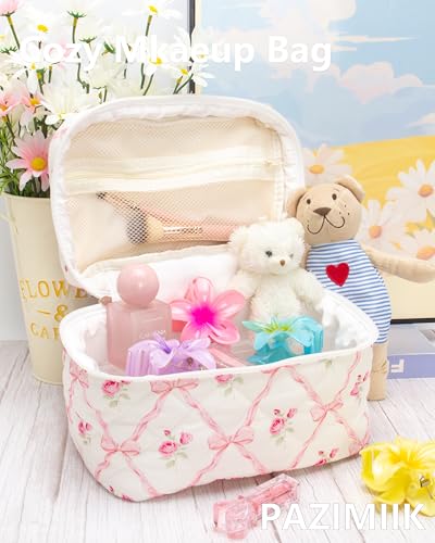PAZIMIIK Quilted Makeup Bag Large Travel Zipper Soft Cosmetic Case for Women Girls Make Up,Bow Rose - color: Bow Rose, size: 1 PCS Bag