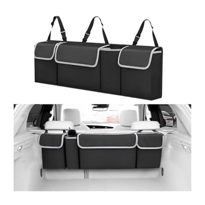 Car Trunk Organizer with Lid, Large Waterproof Vehicle Backseat Hanging Storage Bag with 4 Pockets & Adjustable Straps, Collapsible Automotive Interior Cargo Bag, Universal Fit (Black) - color: Black