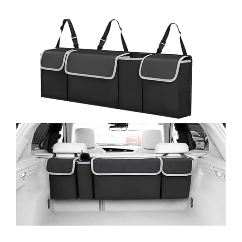 Car Trunk Organizer with Lid, Large Waterproof Vehicle Backseat Hanging Storage Bag with 4 Pockets & Adjustable Straps, Collapsible Automotive Interior Cargo Bag, Universal Fit (Black) - color: Black