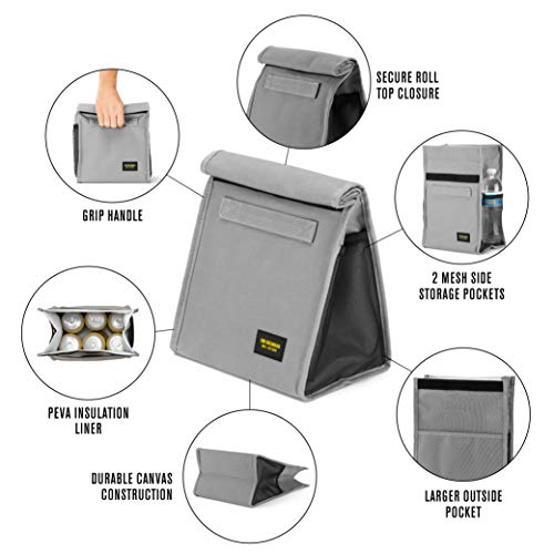 2nd Childhood Rolltop Lunch Bag for Work or School – Compact, Foldable & Low Profile Design – Insulated Reusable Bag with Handle – Slim, Durable & Stylish - 3.5L (Grey) - color: Gray