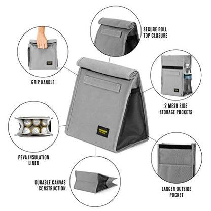 2nd Childhood Rolltop Lunch Bag for Work or School – Compact, Foldable & Low Profile Design – Insulated Reusable Bag with Handle – Slim, Durable & Stylish - 3.5L (Grey) - color: Gray