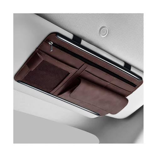 Car Sun Visor Organizer, Leather Sun Visor Pocket Organizer Case with Multi-Pocket Net Zipper, Suede Note Holder Car Visor Storage Pouch for Card Pen Sunglasses Document (Brown) - color: Brown