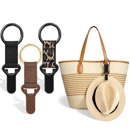 Niveaya Hat Clip for Travel on Bag - 3 Pack, Vacation Beach Cruise Essentials Accessory for Travel Handbag Backpack Luggage, Securely Hold to Keep Hat Shaped, Hands-Free, Black+Brown+Leopard - color: 3pcs Black+brown+leopard