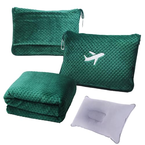 3 in 1 Travel Blanket Pillow Set - 350 GSM Thick Travel Blanket Airplane Compact with Bag, Soft Bag with a Pocket, Inflatable Travel Pillow for Camping & Car Trip (Dark Green) - color: Dark Green