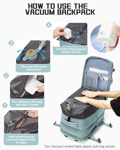 wepadre Vacuum Backpack Travel with Pump Travel Backpack with Vacuum System Expandable Vacpack Compression Backpacks for Travel Easy Vac Pack Carry on Luggage Blue - color: Blue