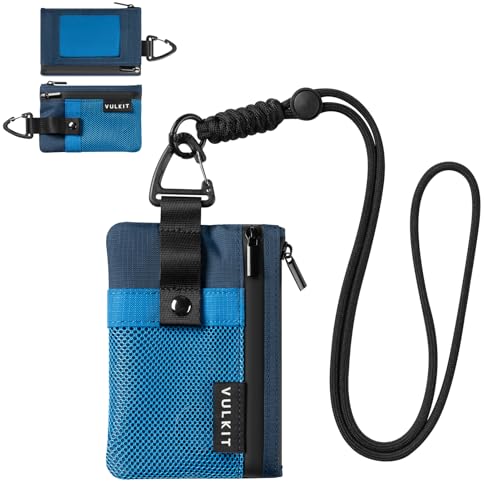 VULKIT Small Minimalist Wallet for Women and Men RFID Blocking, Zipper Coin Pouch with ID Window and Keychain, Water Resistant Travel Lanyard Wallet Blue - color: Blue