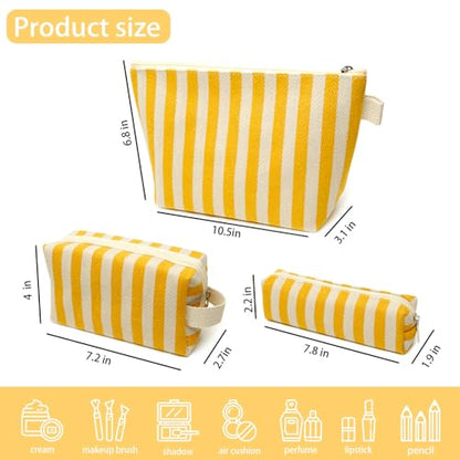 3 Pcs Makeup Bag Set Striped Canvas Purse Cosmetic Bag For Women Travel Toiletry Pouch Organizer pencil case (Yellow-White) - color: Yellow-White