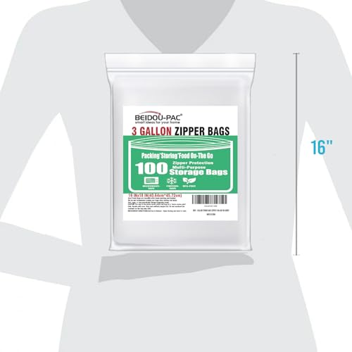 BEIDOU-PAC 3 Gallon Large Plastic Bags with Zipper Top, | 100 Count | 2 Mil | 16" x 18" | Heavy-Duty Reusable Clear Freezer Storage Bags - style: Zip | 3 gal 100 count