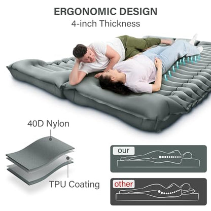 Yuzonc Double Camping Sleeping Pad – 4" Ultra-Thick Foot-Pump Design, Lightweight 2-Person Inflatable Sleeping Mat with Pillow for Backpacking, Hiking, Travel, Tent – Gray - color: Grey