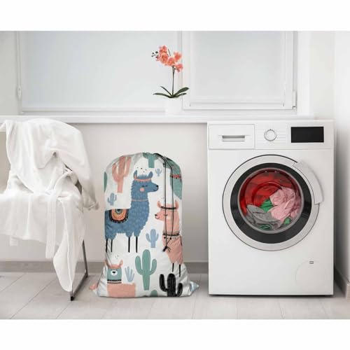 Swono Cactus XL Laundry Bags, Drawstring Closure Dirty Clothes Bag Organizer, Heavy Duty Large Laundry Bag, Cartoon Cute Llama Tribal Alpaca Rip-Stop Bags for Camp Travel, 28" x 40", White - color: Cactus