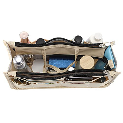 BTSKY Printing Handbag Organizers Inside Purse Insert - High Capacity 13 Pockets Bag Tote Organizer with Handle Beige - color: Beige