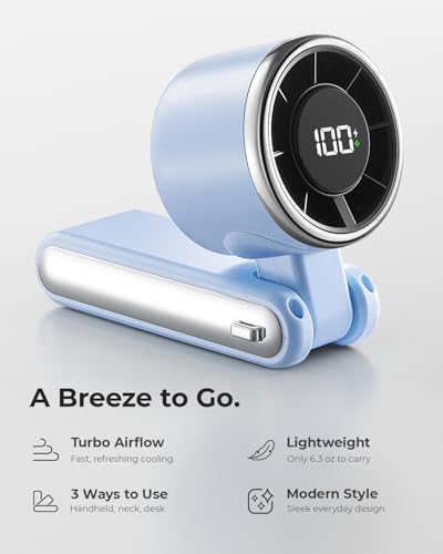 Portable Handheld Turbo Fan - 5 Gear High Speed 4000mAh Rechargeable Mini Personal Hand Fan Blow Cold Air, Battery Operated Travel Essentials, Gifts for Women, Men (Dew Drop Blue) - color: Dew Drop Blue