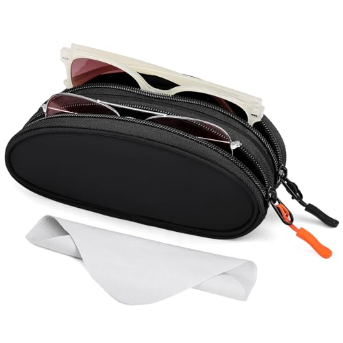 Marvolia Double Glasses Case Large Soft Eyeglass Case for Women Men Portable Zipper Sunglasses Pouch with Keychain Clip - color: Black
