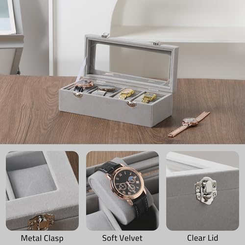 Frebeauty 4-Slot Watch Box,Velvet Watch Case with Glass Lid,Watch Organizer Box for Men and Women,Lockable Watch Storage,Watch Display Case,Ideal Gift(Grey) - color: Grey, size: 4 Slots