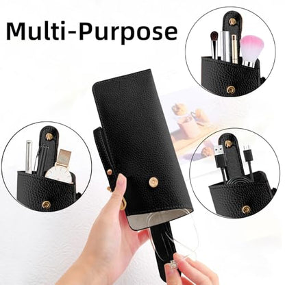 CHANGAR Portable Glasses Case Soft Leather Sunglasses Case with Wrist Strap Travel Sunglass Organizer Pouch with Hanging Hook - color: Black