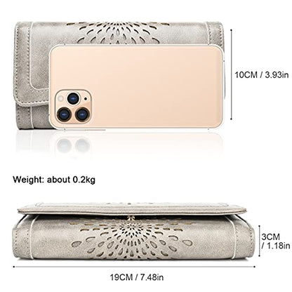 APHISON Womens Wallets RFID Blocking Leather Clutch Long Wallet for Women Card Holder Phone Organizer Ladies Travel Purse Hollow Out Sunflower Design Gift - color: Gray