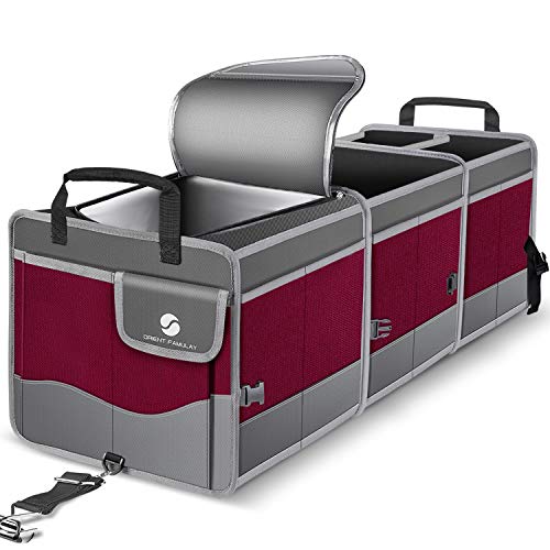 Trunk Organizer with Cooler, Collapsible Trunk Storage Container with Non Slip Bottom Strips, Large Multi-Compartment Waterproof Car Trunk Organizer Groceries for Vehicle Sedan, SUV, Van(Wine Red) - color: Wine Red