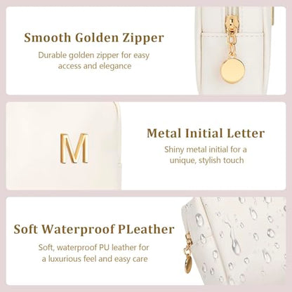 Personalized Birthday Gifts for Women - Initial Makeup Bag Set Travel Toiletry Bag Cosmetic Bags Soft Waterproof PU Leather Makeup Pouch Travel Essentials (M, 1pc Beige) - size: 1pc Beige, style: M